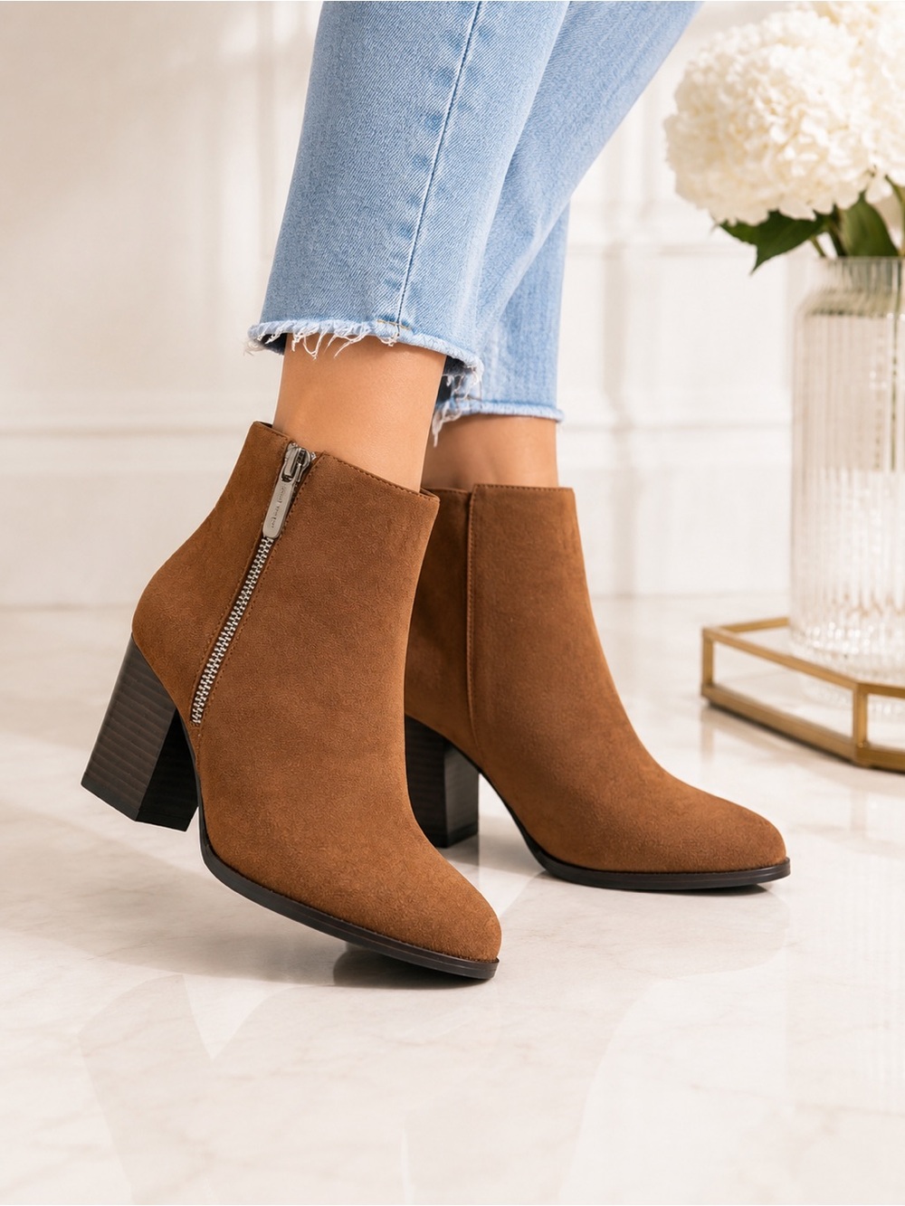 Nine West Neva2 Brown Faux Suede Ankle Boots Block Heel Side Zip NWT 10